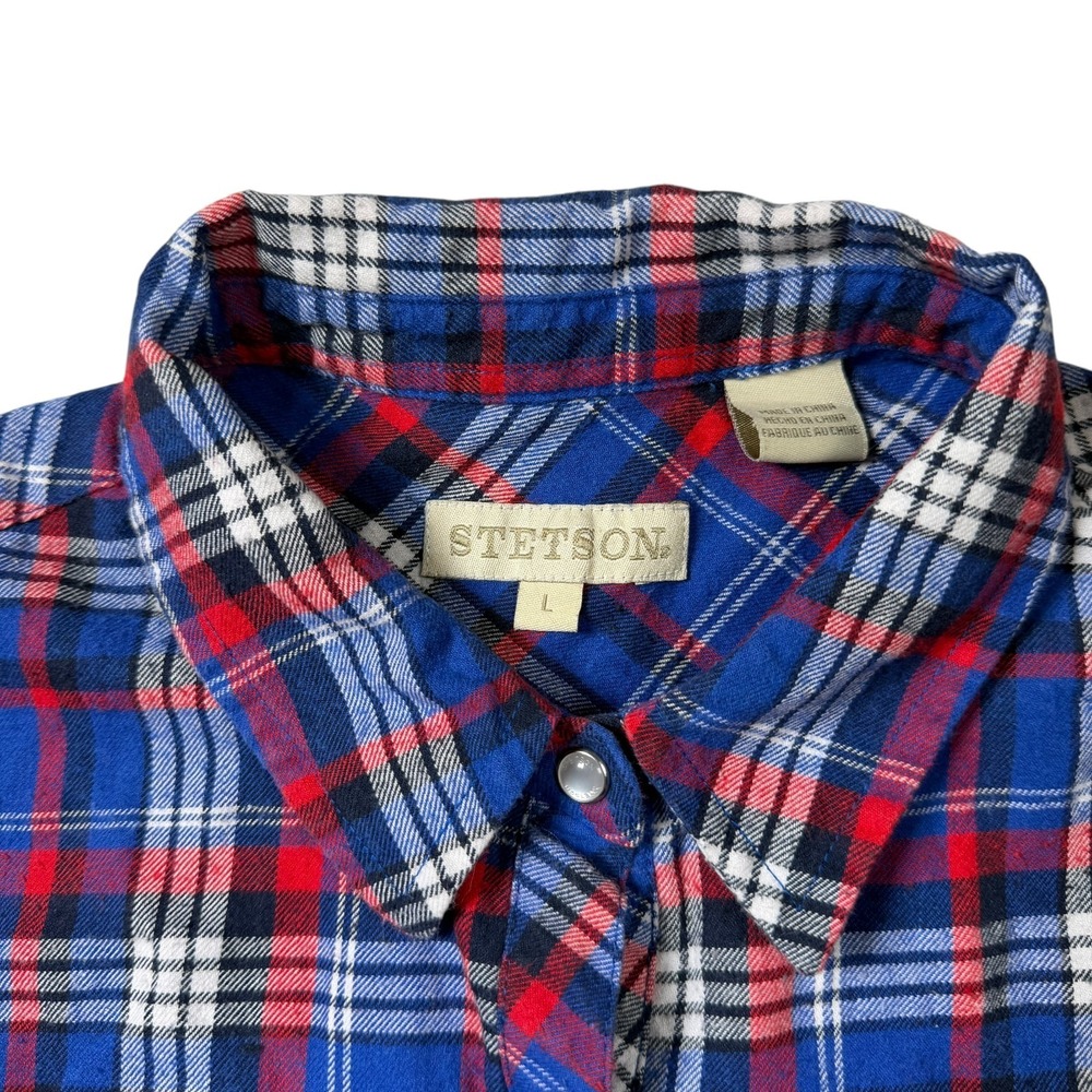 Stetson Men's Slim Large Plaid Flannel Pearl Snap Western Shirt Red/Blue - Picture 2 of 7
